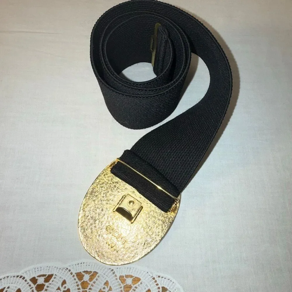 Vintage Nan Lewis Black & Gold Sculptural Enamel Buckle Belt | 1980s Modernist S